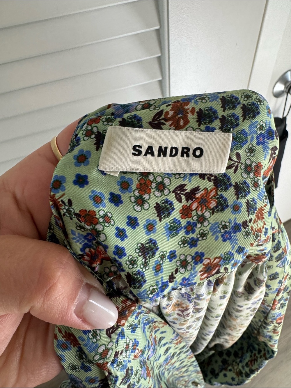 Sandro Light Green Floral Midi Dress with Smocked Bodice - Picture 4 of 5
